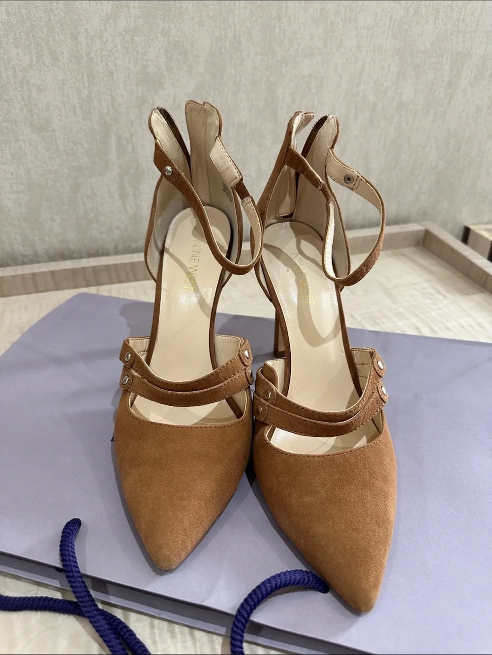 Nine West Tan Suede Pointed-Toe Double Strap Heels - Picture 1 of 6